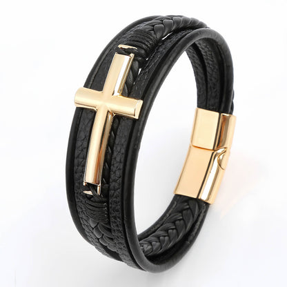 Men’s Braided Leather Bracelet with Cross Charm
