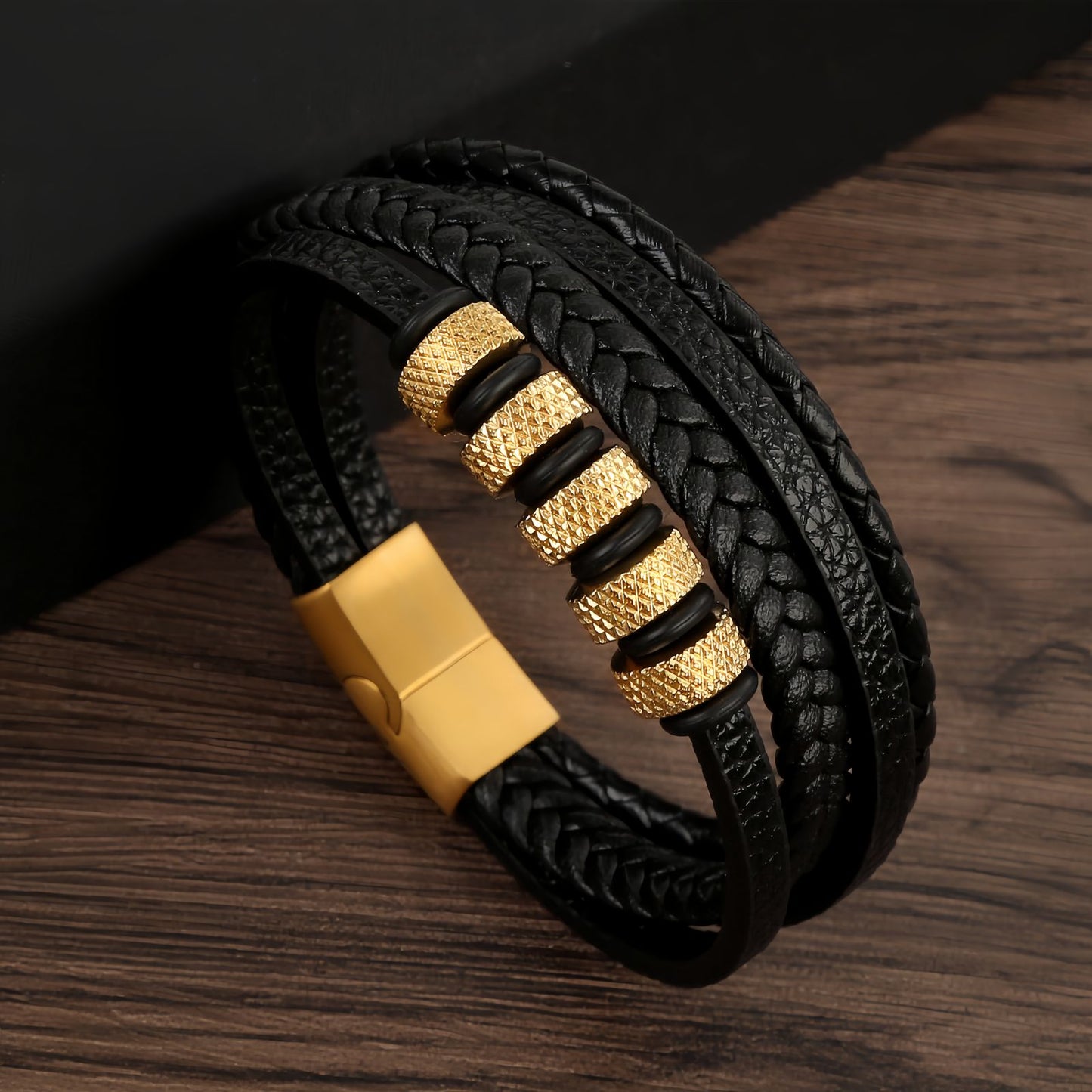 Men’s Geometric Textured Stainless Steel Leather Bracelet