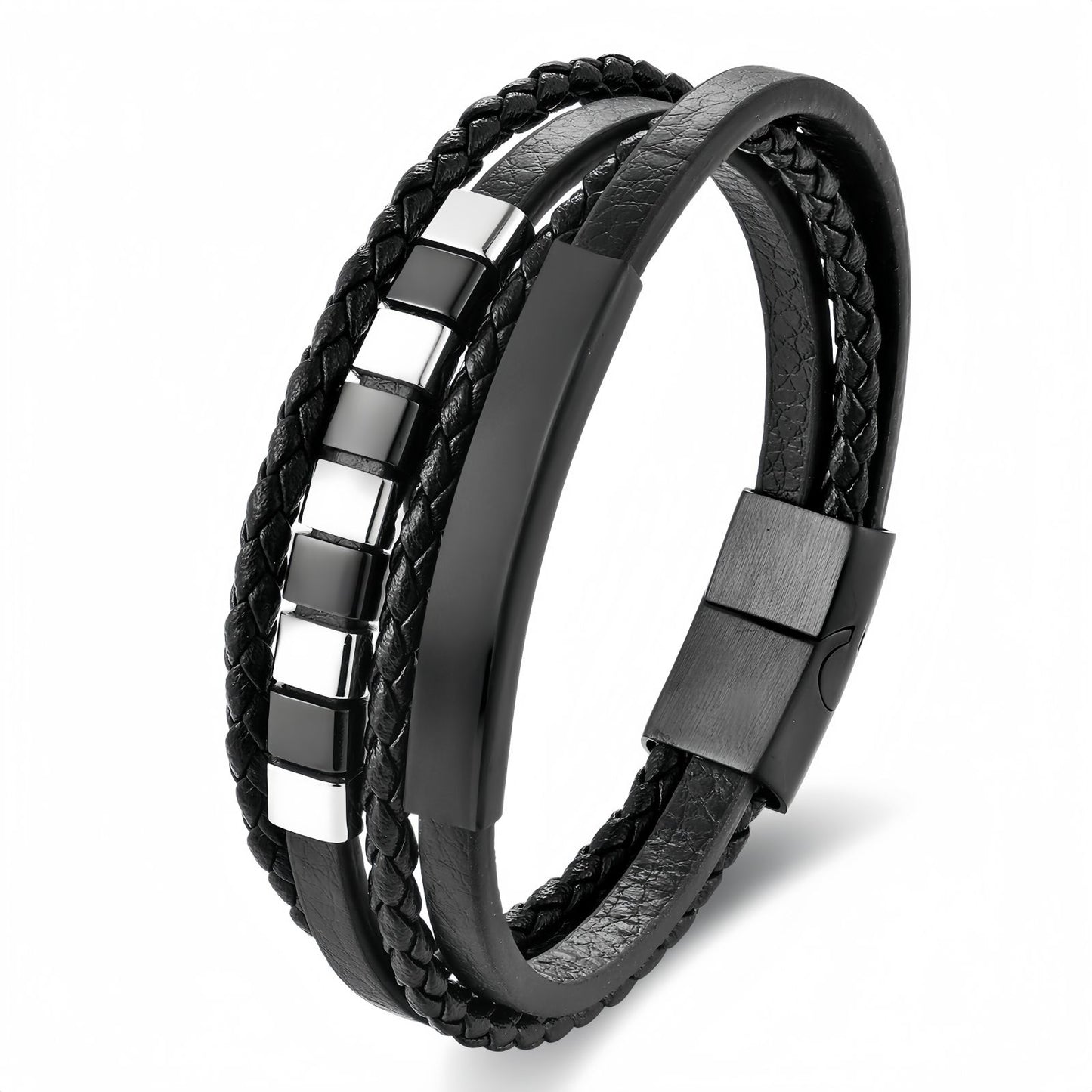 Black & White Cube Accents on Men’s Black Multi-Strand Leather Bracelet