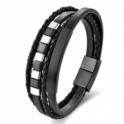 Black & White Cube Accents on Men’s Black Multi-Strand Leather Bracelet