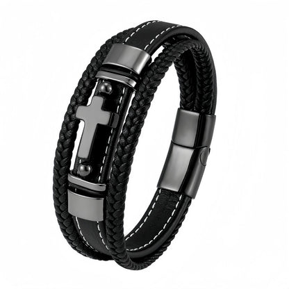 Men’s Black Onyx Cross Leather Bracelet