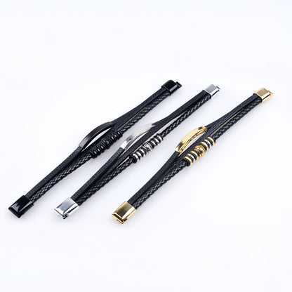 Decorative Metal Ring Men’s Leather Bracelet