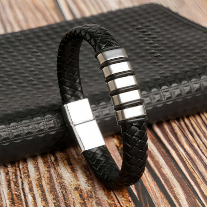 Men’s Braided Leather Bracelet with Layered Steel Bars