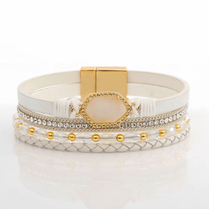 Boho Leather Wrap Bracelet with Crystal Beads & Clasp