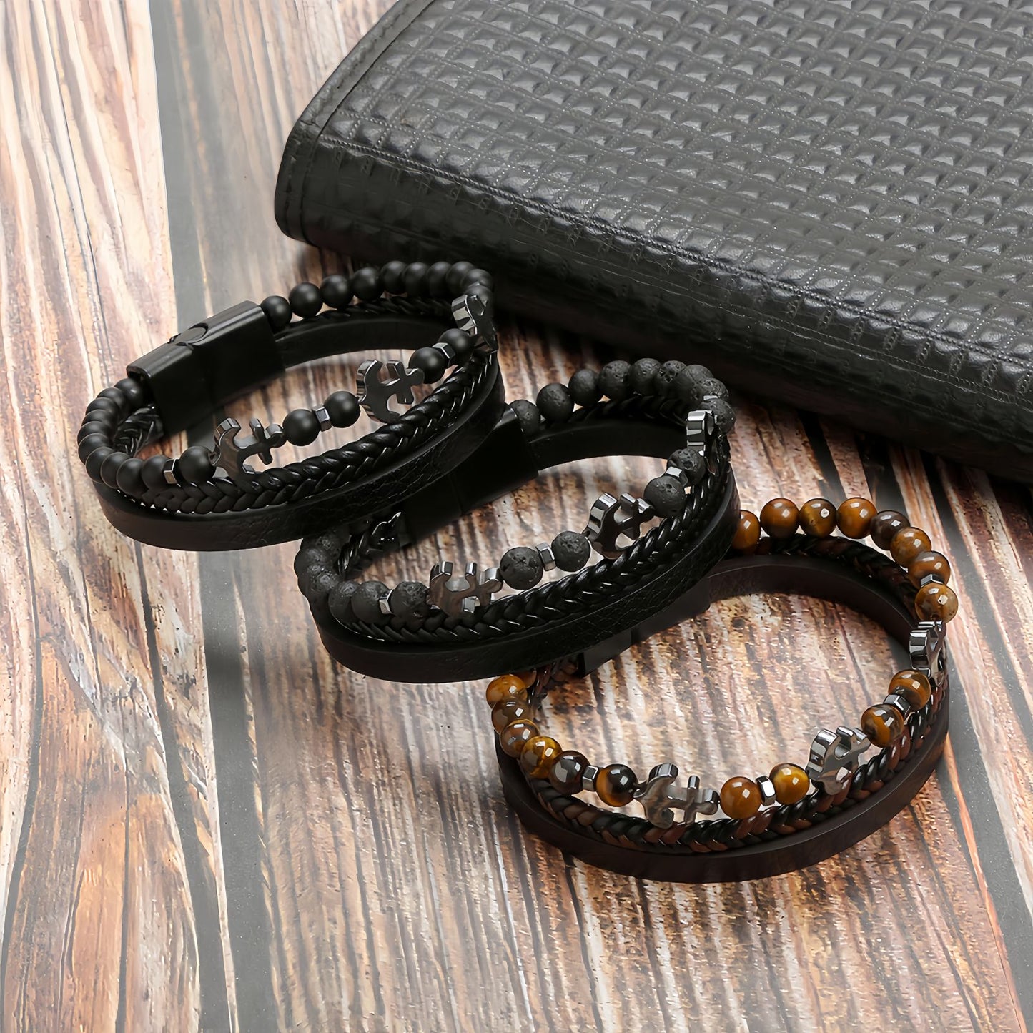 Men’s Tiger Eye Obsidian Beaded Leather Bracelet