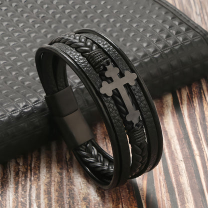 Men's Cross Braided Leather Bracelet