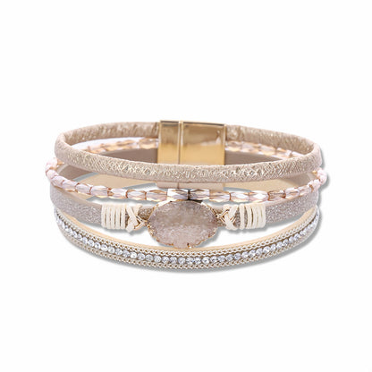 Boho Multilayer Leather Wrap Bracelet with Crystal