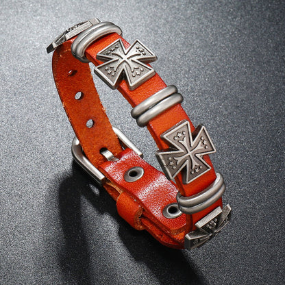 Men's Multi Cross Punk Leather Bracelet