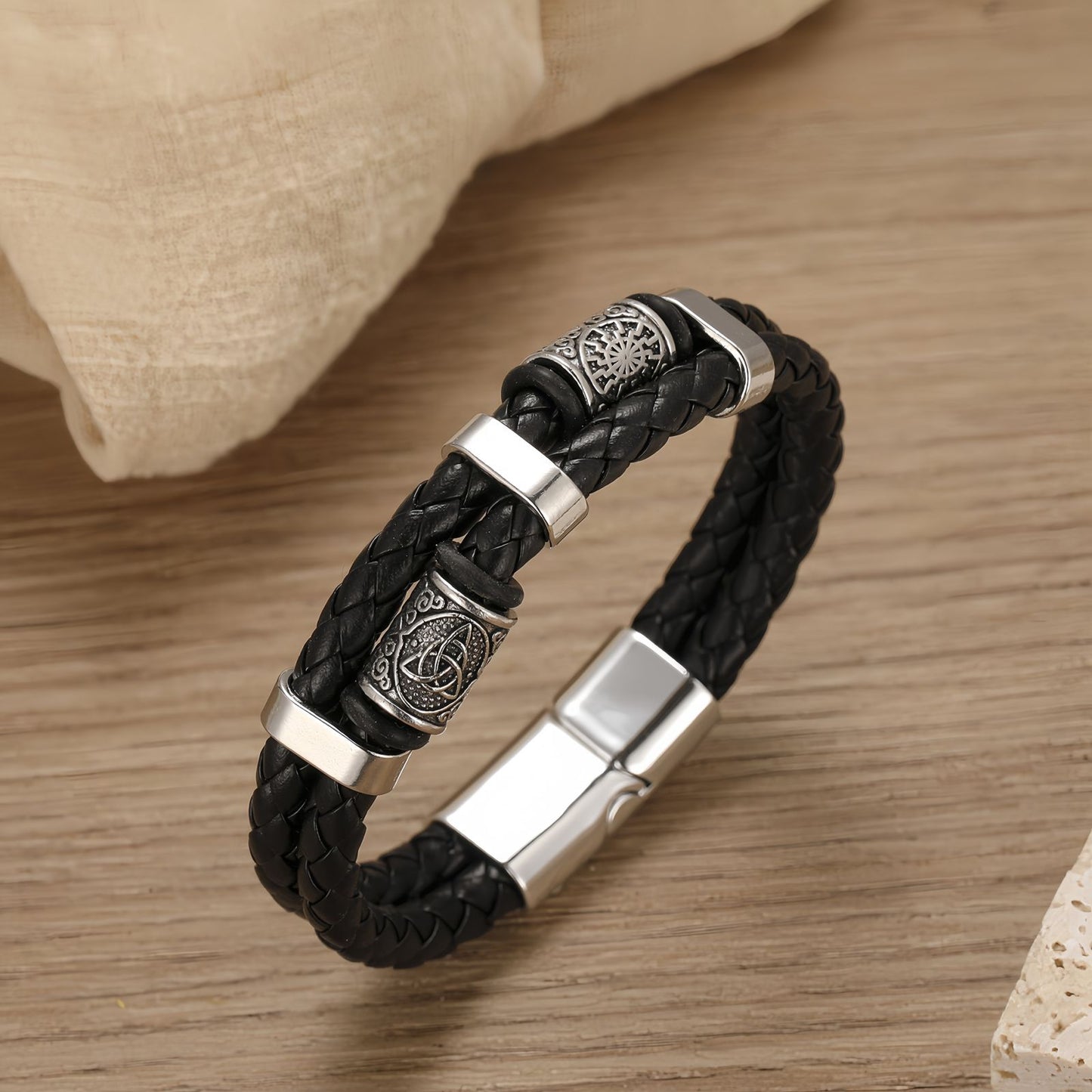 Vintage Sun-Engraved Dual-Braid Men's Leather Bracelet