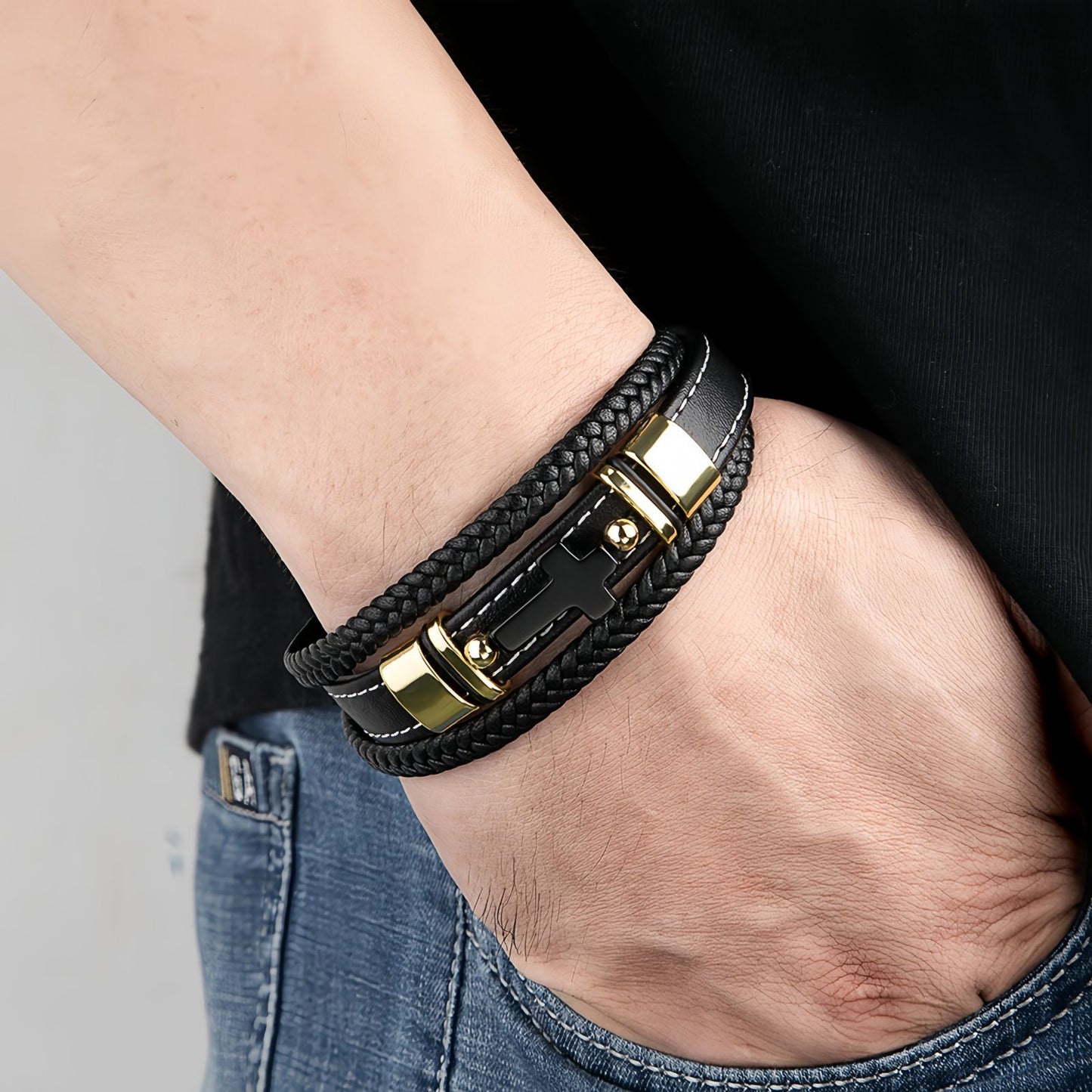 Men’s Black Onyx Cross Leather Bracelet