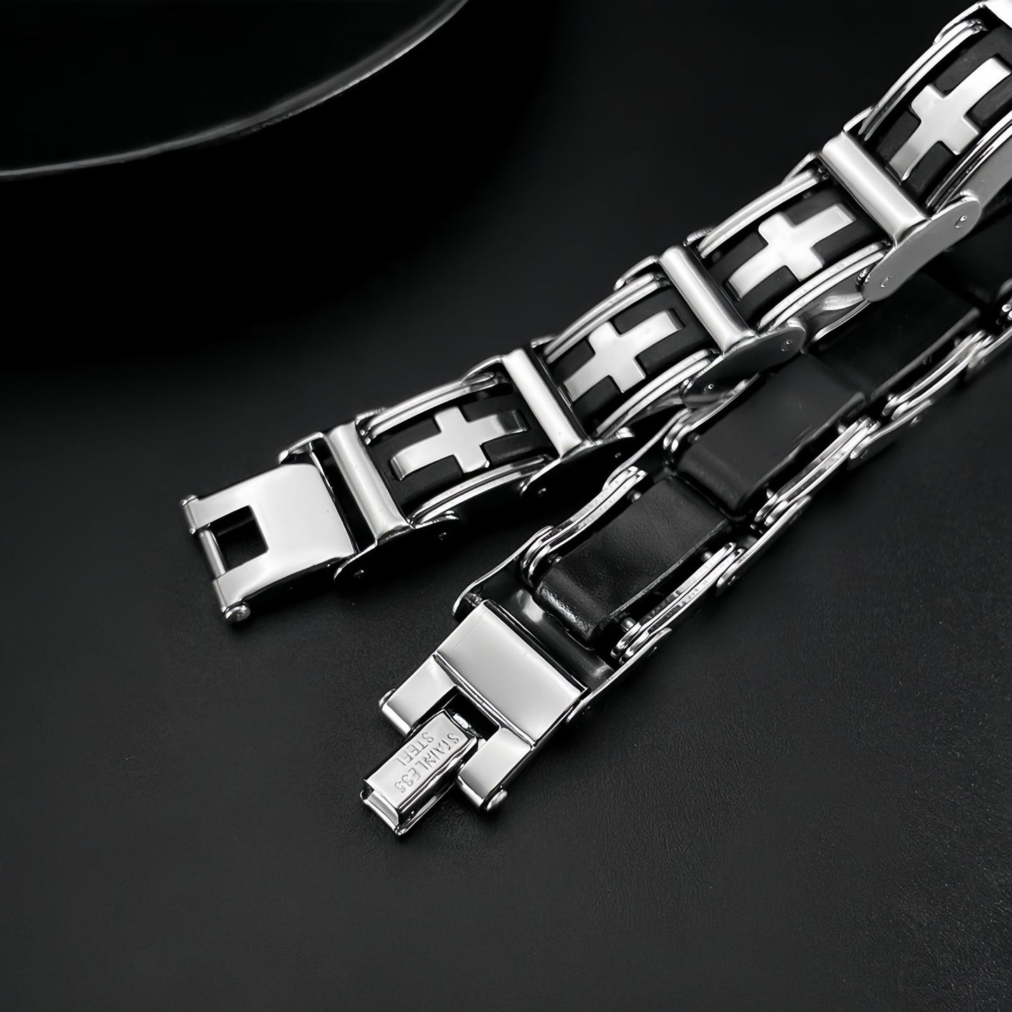 Cross Inlay Stainless Steel Link Bracelet