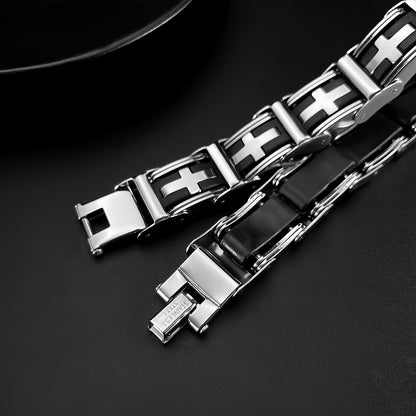 Cross Inlay Stainless Steel Link Bracelet