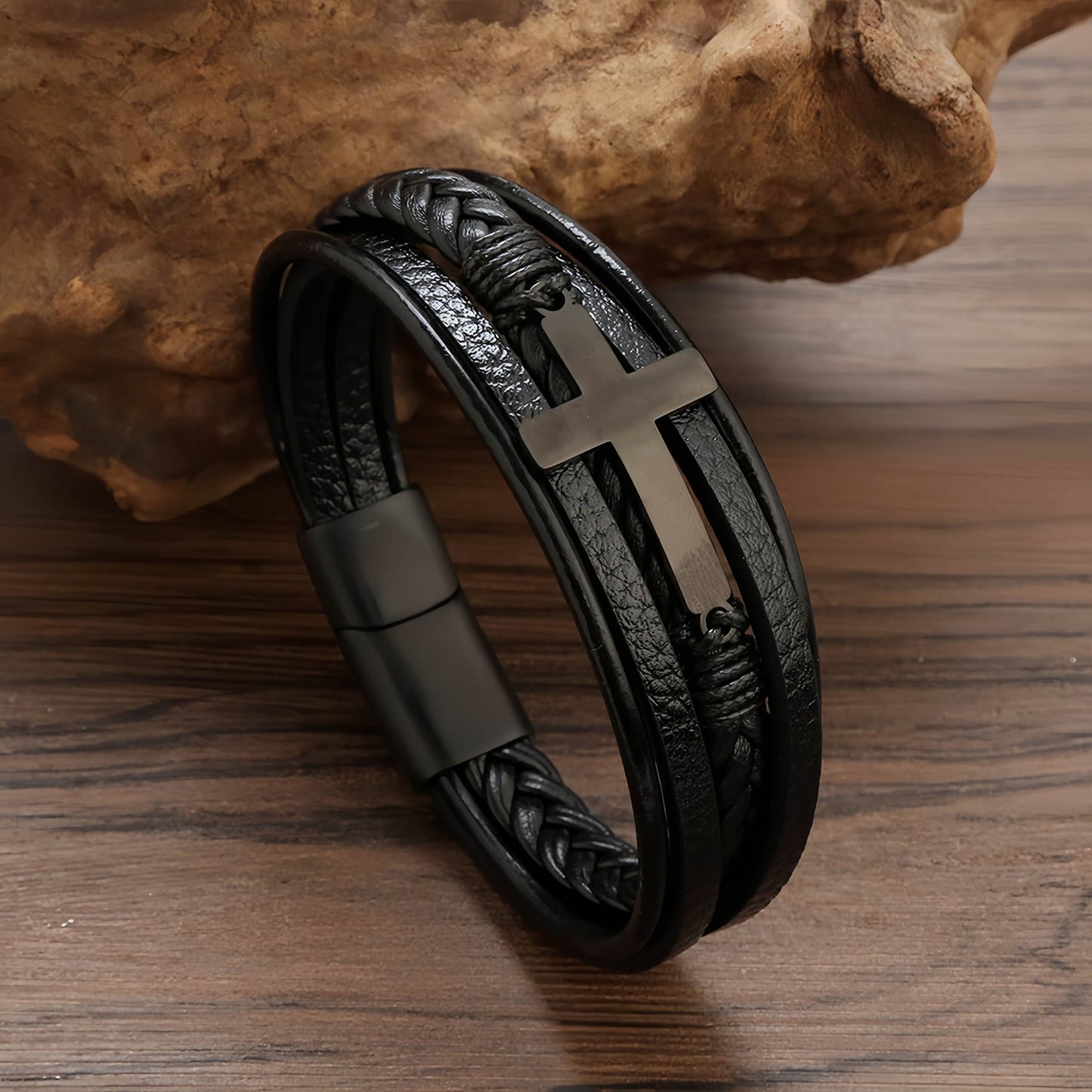 Men's Cross Leather Bracelet with Magnetic Clasp