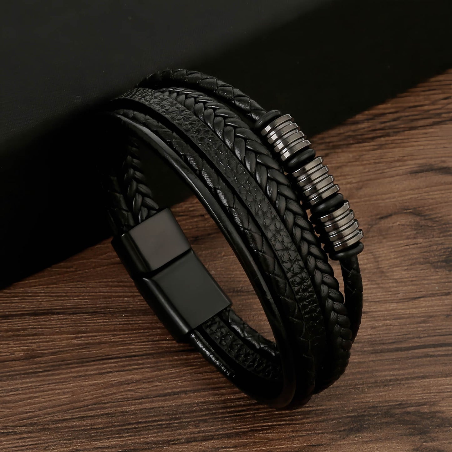 Layered Leather Bracelet with Metal Ring Accents for Men