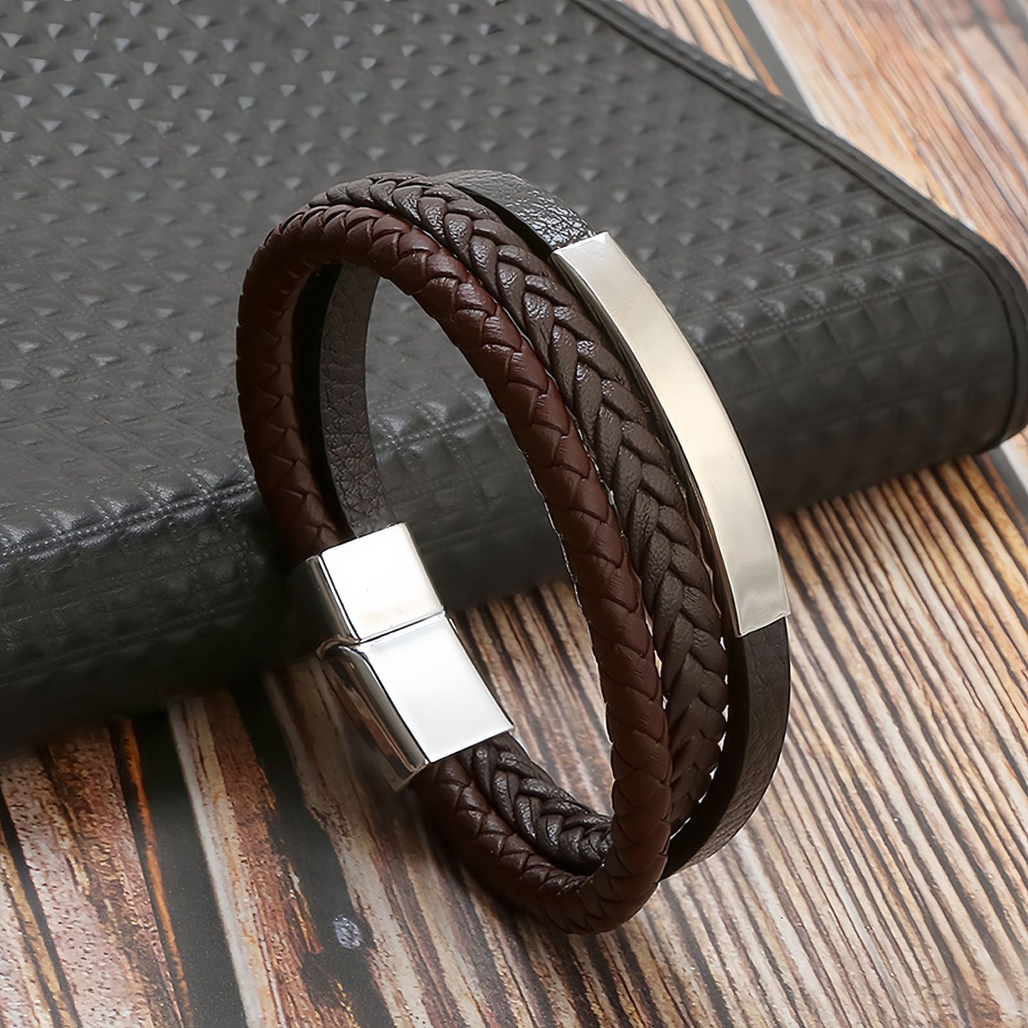 Geometric Bar Layered Leather Bracelet for Men