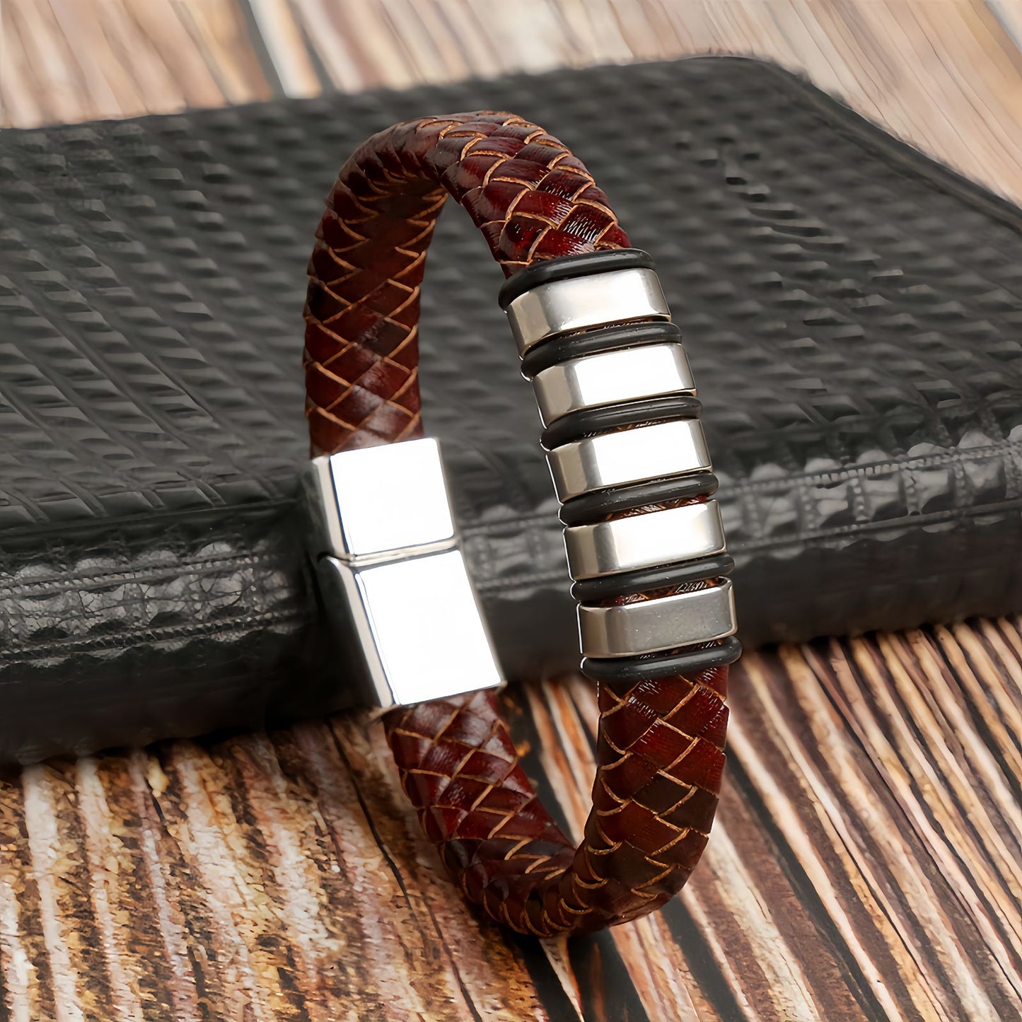 Men’s Braided Leather Bracelet with Layered Steel Bars