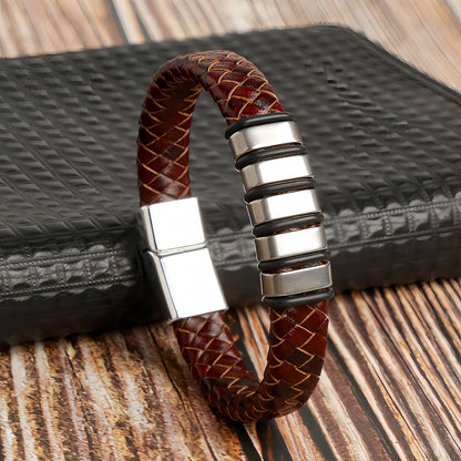 Men’s Braided Leather Bracelet with Layered Steel Bars