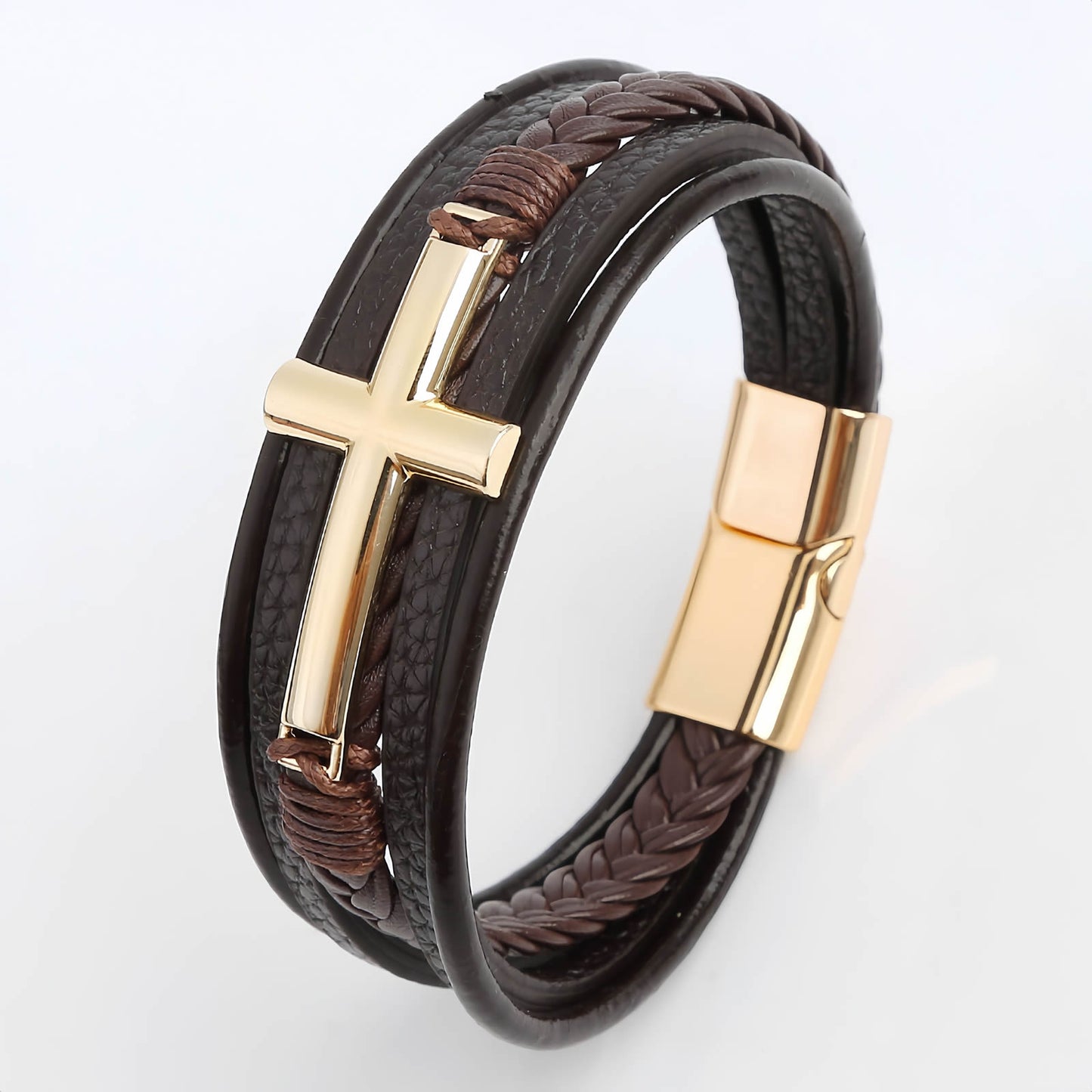 Men’s Braided Leather Bracelet with Cross Charm