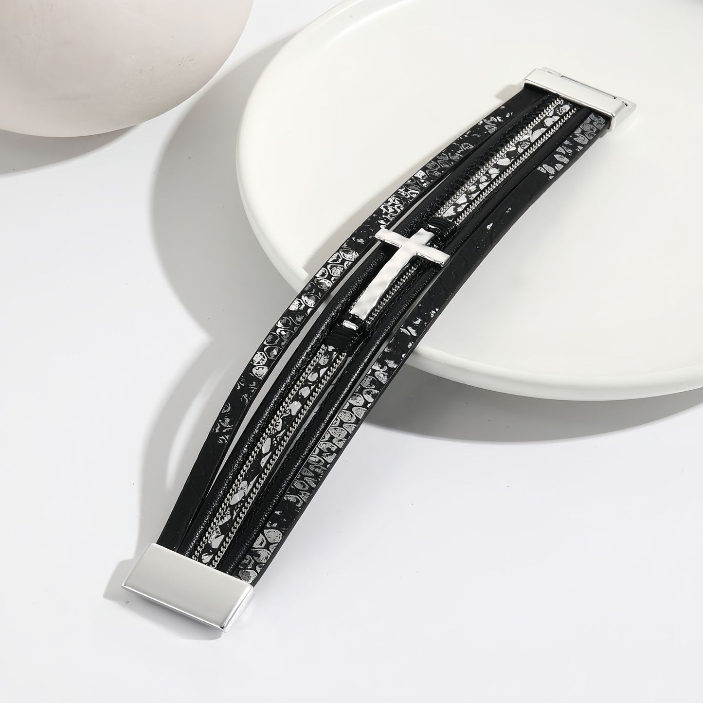 Wide Layered Leather Cross Bracelet