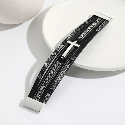 Wide Layered Leather Cross Bracelet