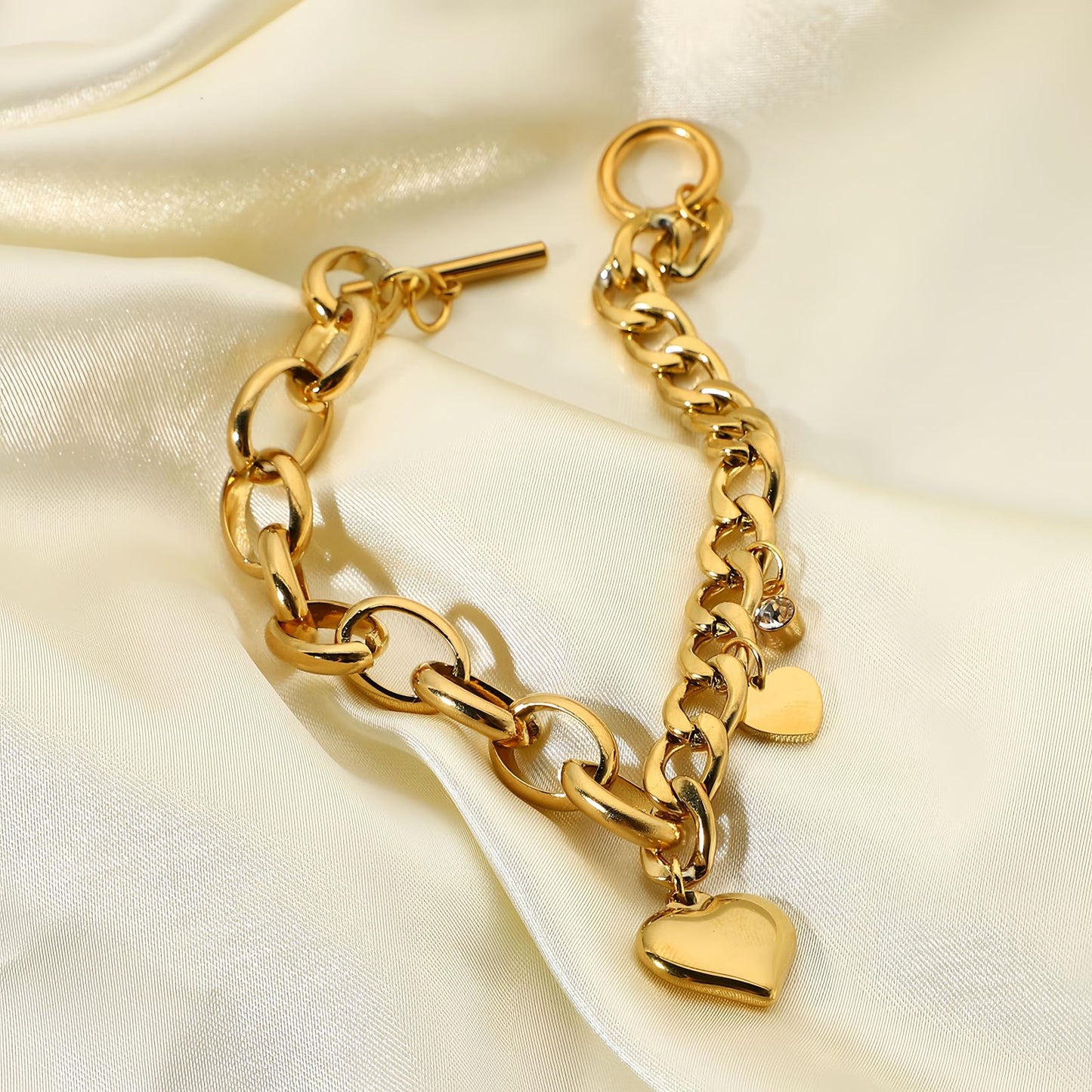 Heart Charm Cuban Oval Link Chain Bracelet