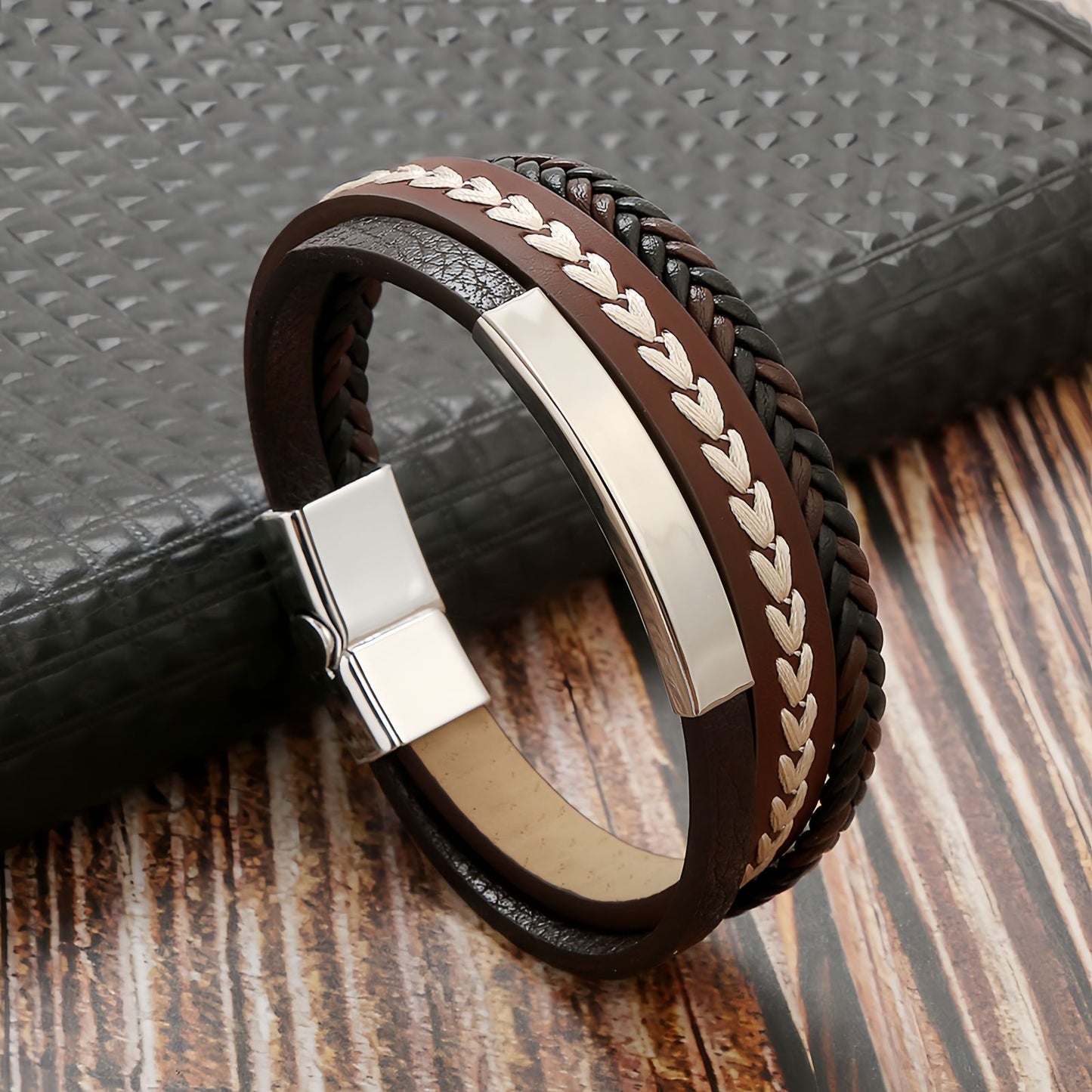 Leaf Stitch Multi-Layer Braided Leather Bracelet