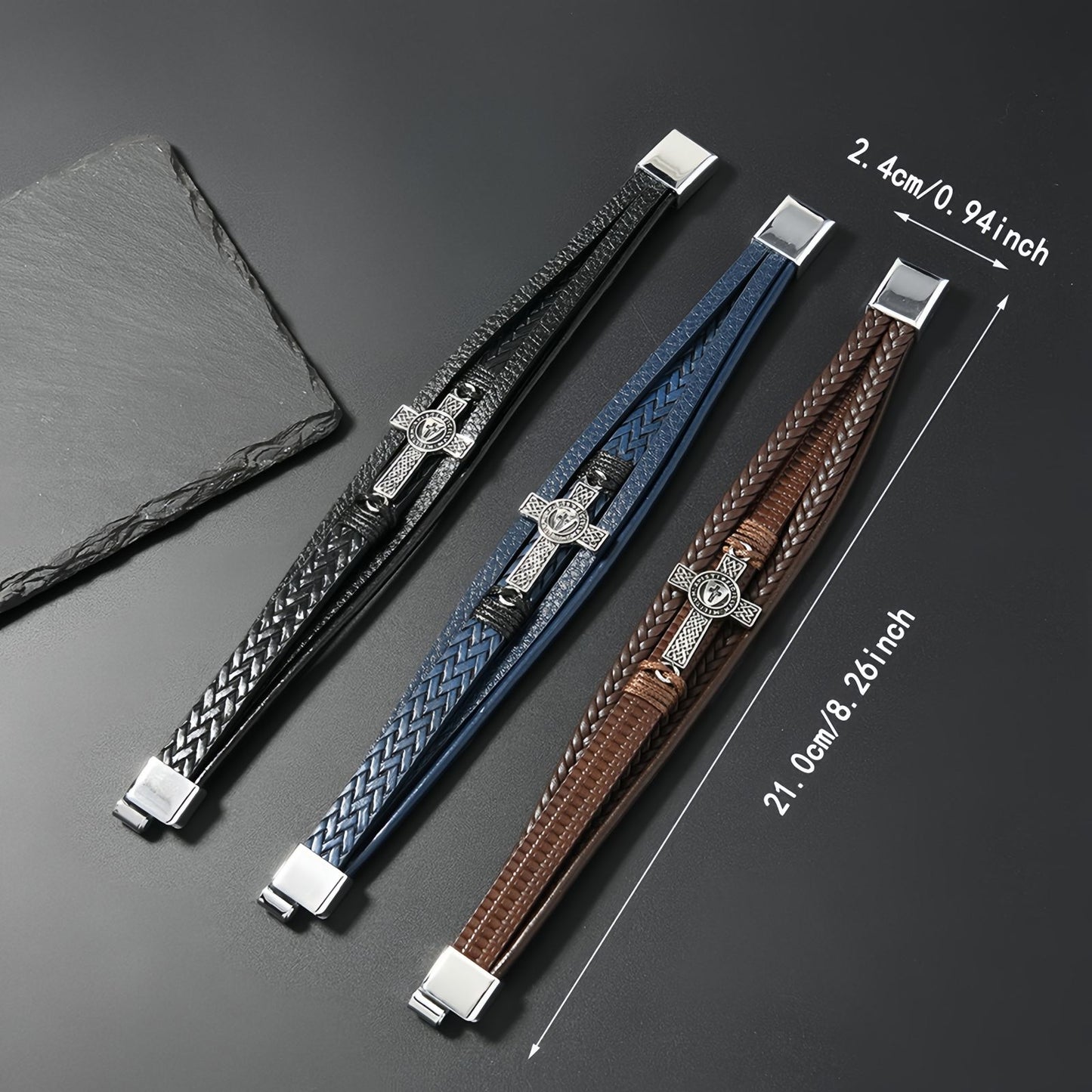 Men's Medallion Cross Braided Leather Bracelet