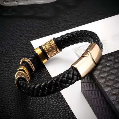 Punk-Inspired Cross Charm Men’s Double-Braided Leather Bracelet
