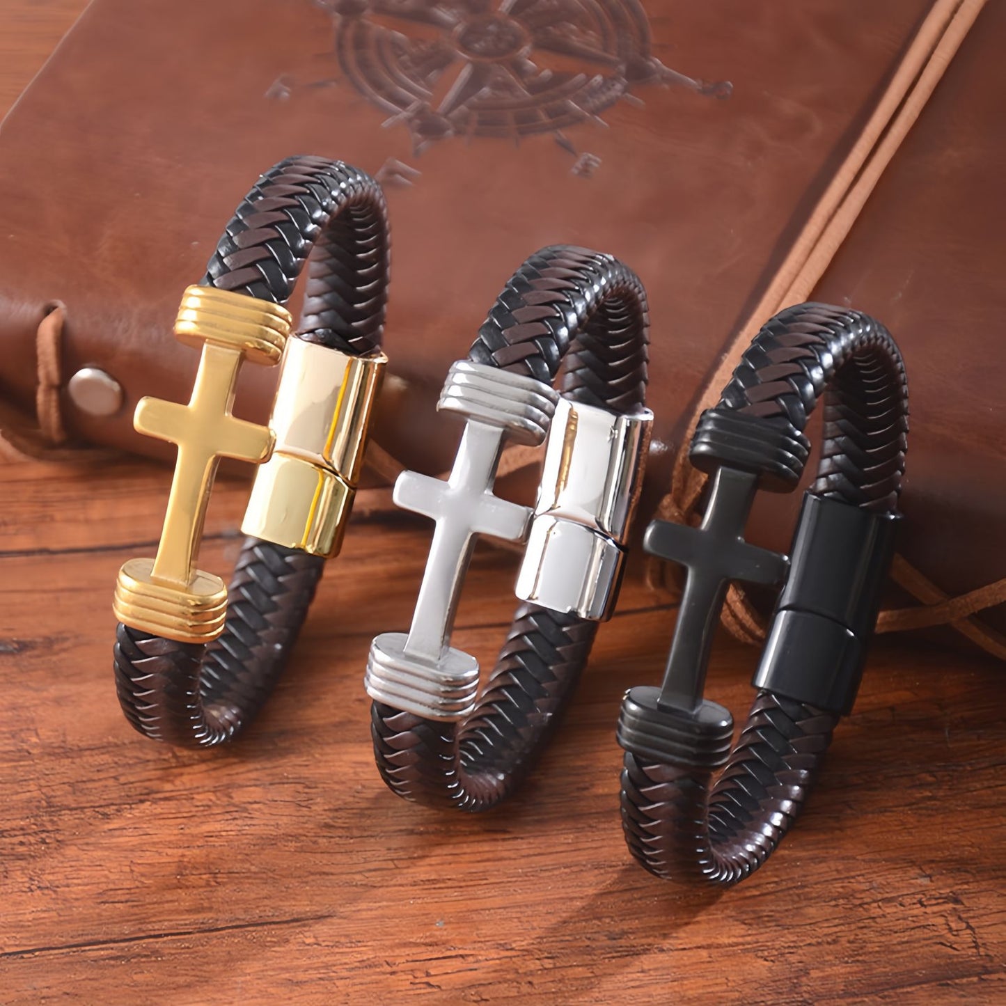 Men's Thick Braided Leather Cross Bracelet