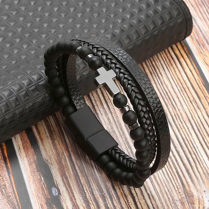 Men’s Cross Natural Stone Beads Leather Bracelet