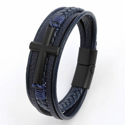 Men’s Braided Leather Bracelet with Cross Charm