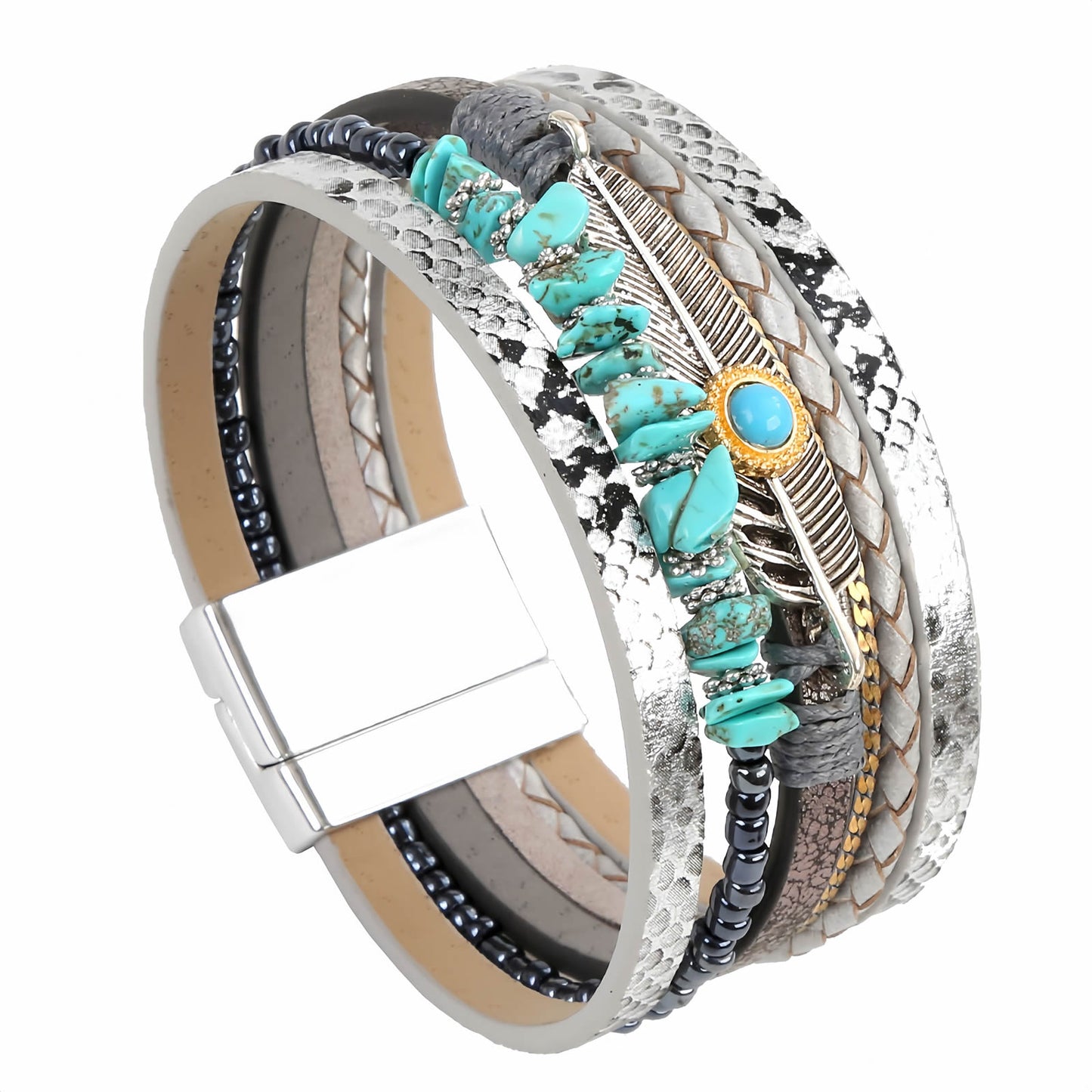 Boho Leather and Turquoise Feather Bracelet