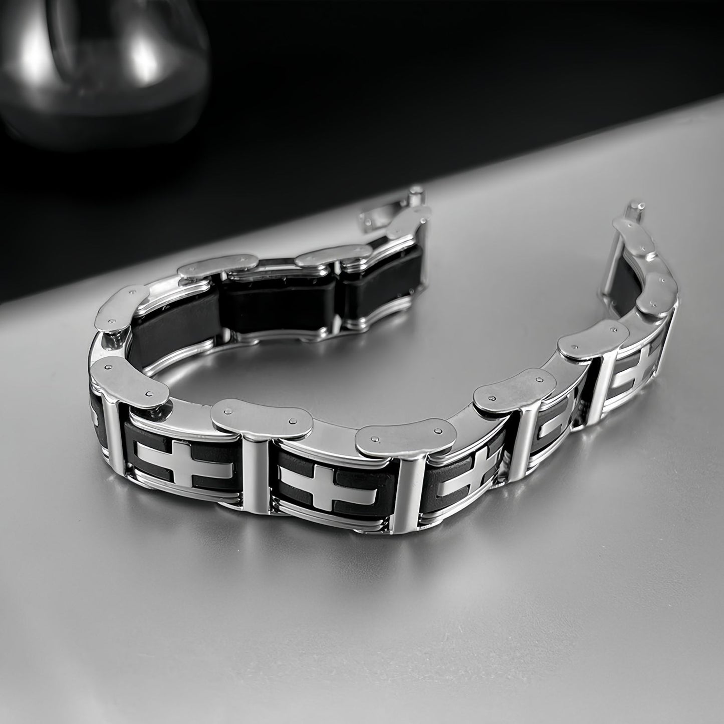 Cross Inlay Stainless Steel Link Bracelet