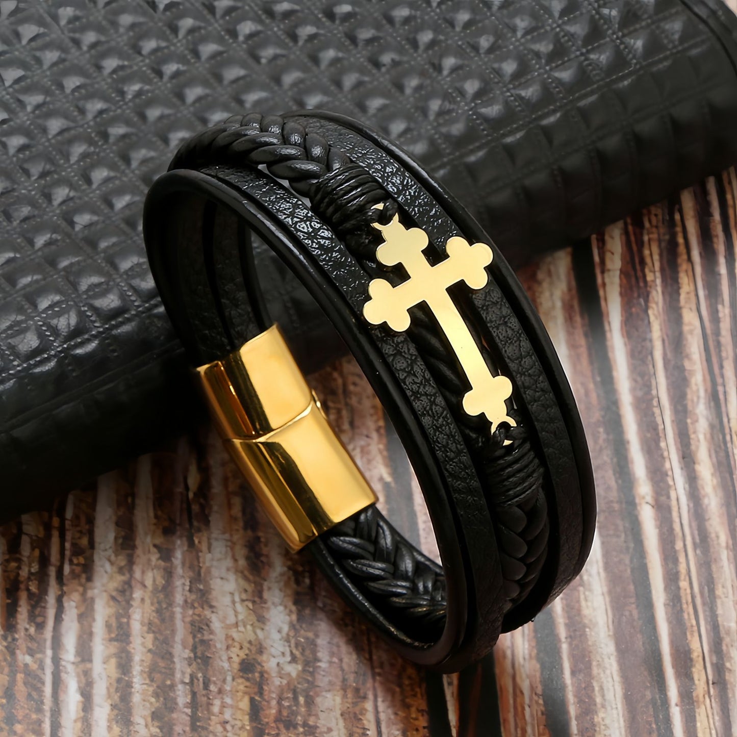 Men's Cross Braided Leather Bracelet