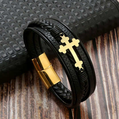 Men's Cross Braided Leather Bracelet