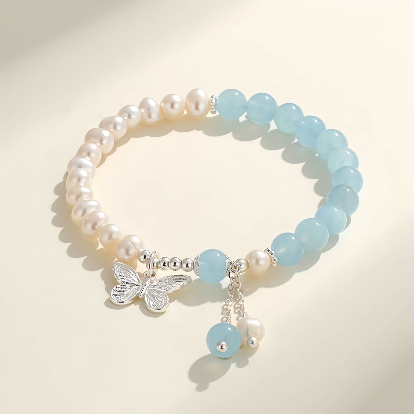 Aquamarine Crystal Beaded Bracelet with Freshwater Pearls & Butterfly Tassel Pendant