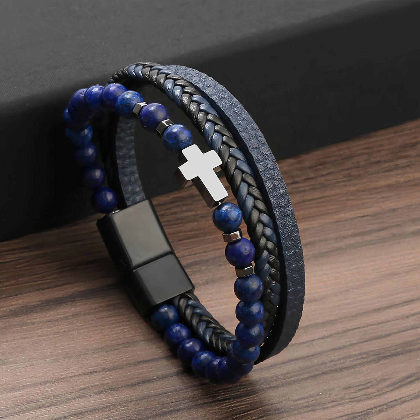 Men’s Cross Natural Stone Beads Leather Bracelet