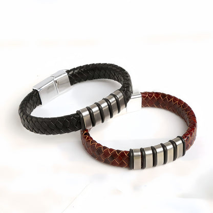 Men’s Braided Leather Bracelet with Layered Steel Bars