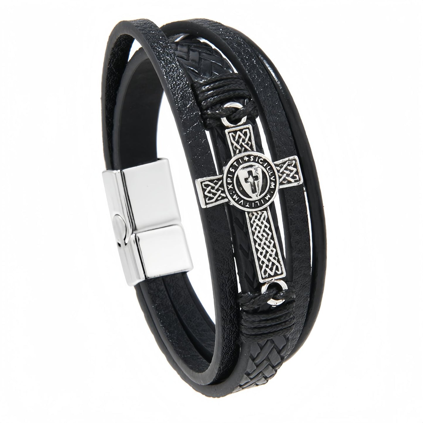 Men's Medallion Cross Braided Leather Bracelet