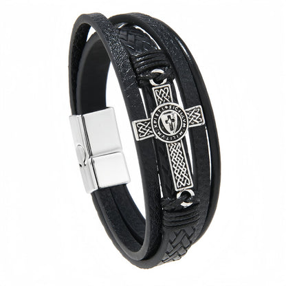 Men's Medallion Cross Braided Leather Bracelet