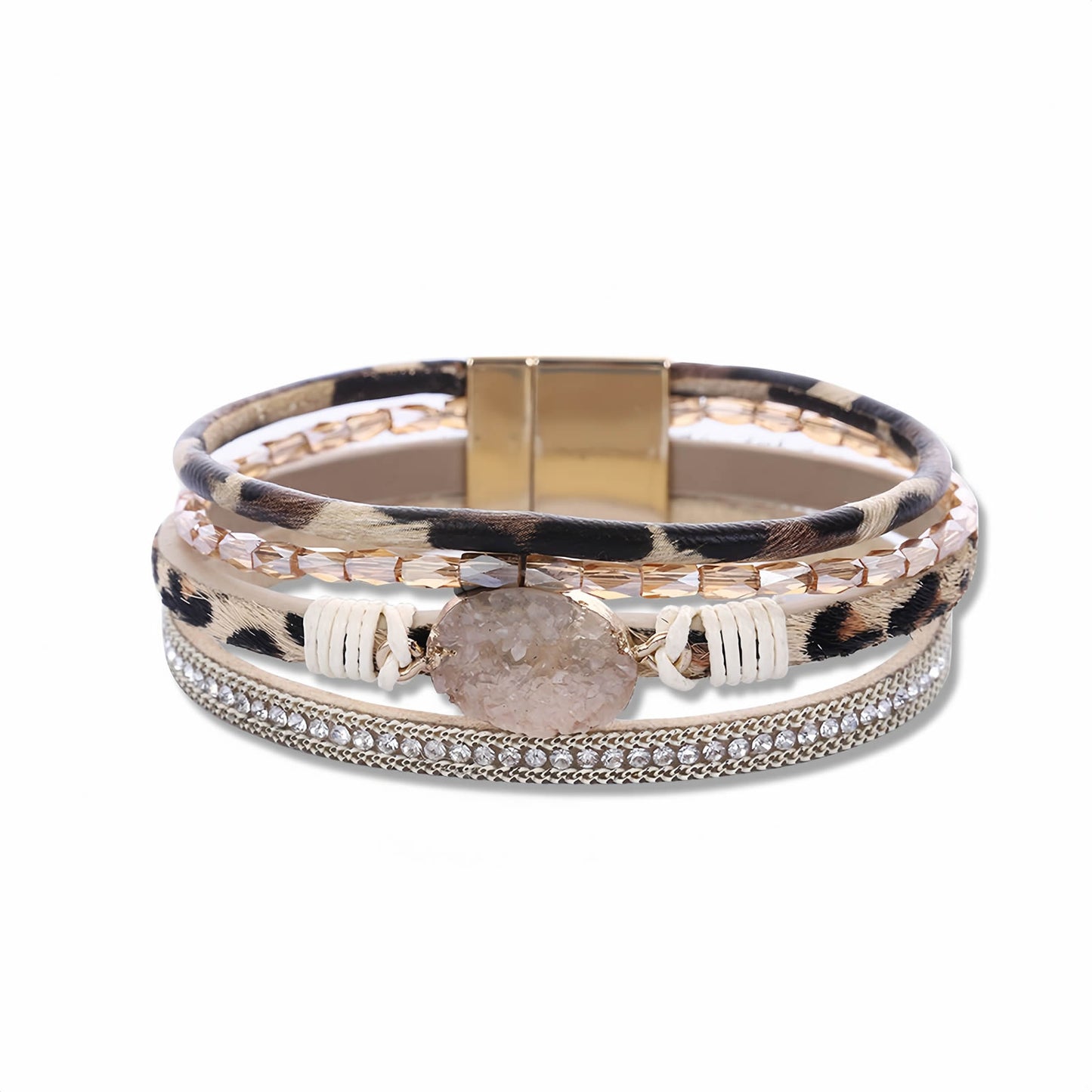 Boho Multilayer Leather Wrap Bracelet with Crystal
