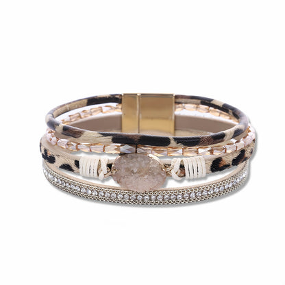 Boho Multilayer Leather Wrap Bracelet with Crystal