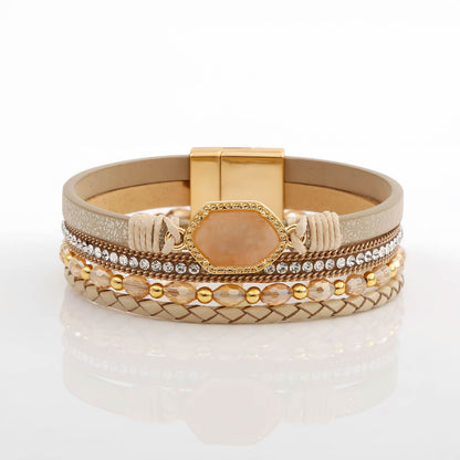 Boho Leather Wrap Bracelet with Crystal Beads & Clasp