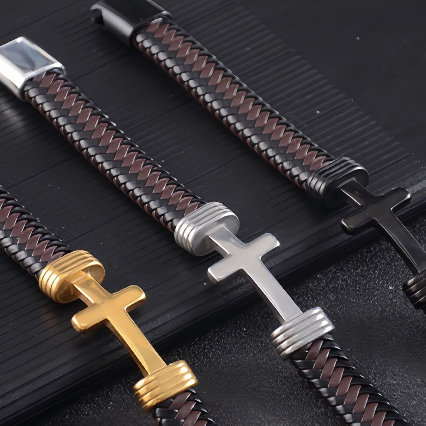 Men's Thick Braided Leather Cross Bracelet