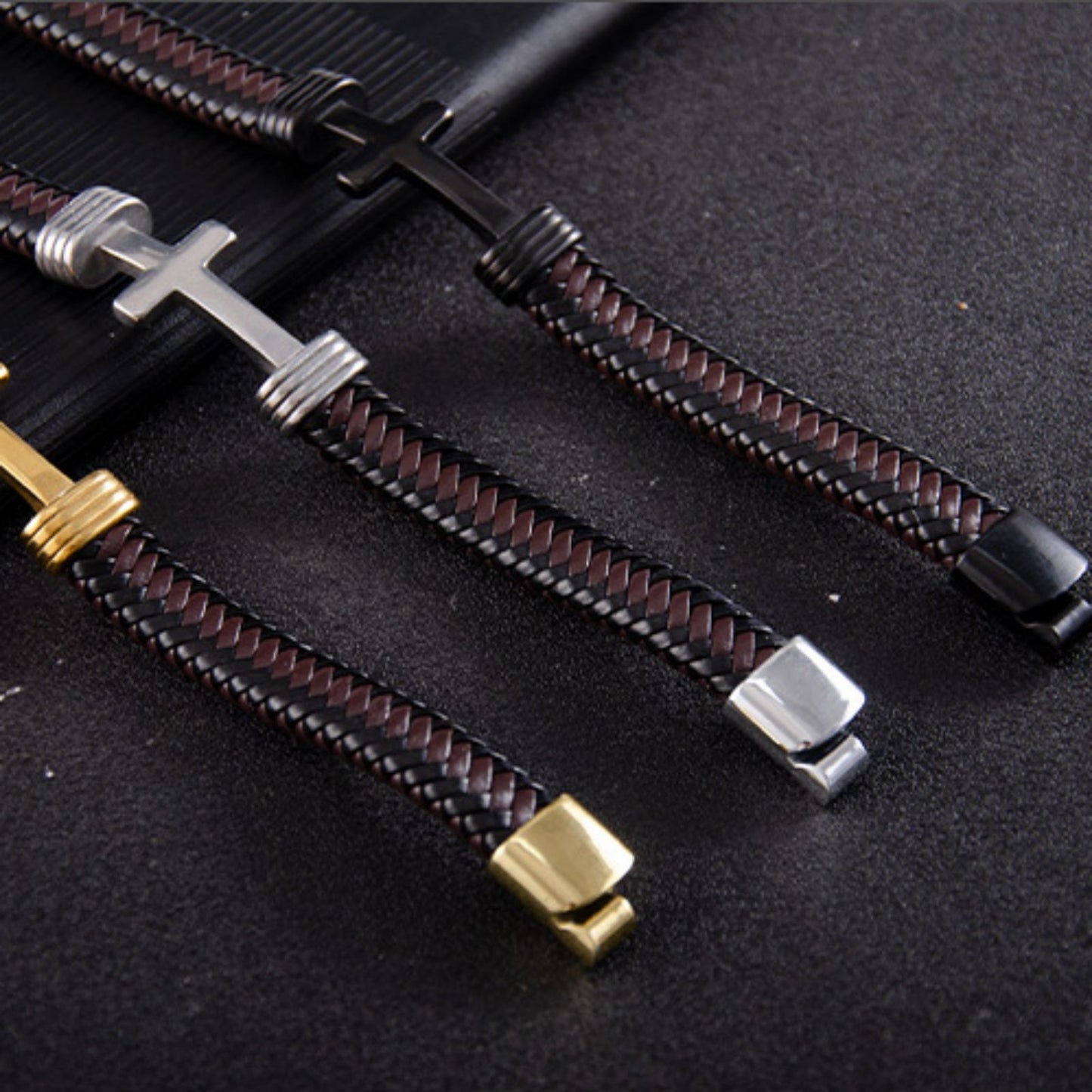 Men's Thick Braided Leather Cross Bracelet