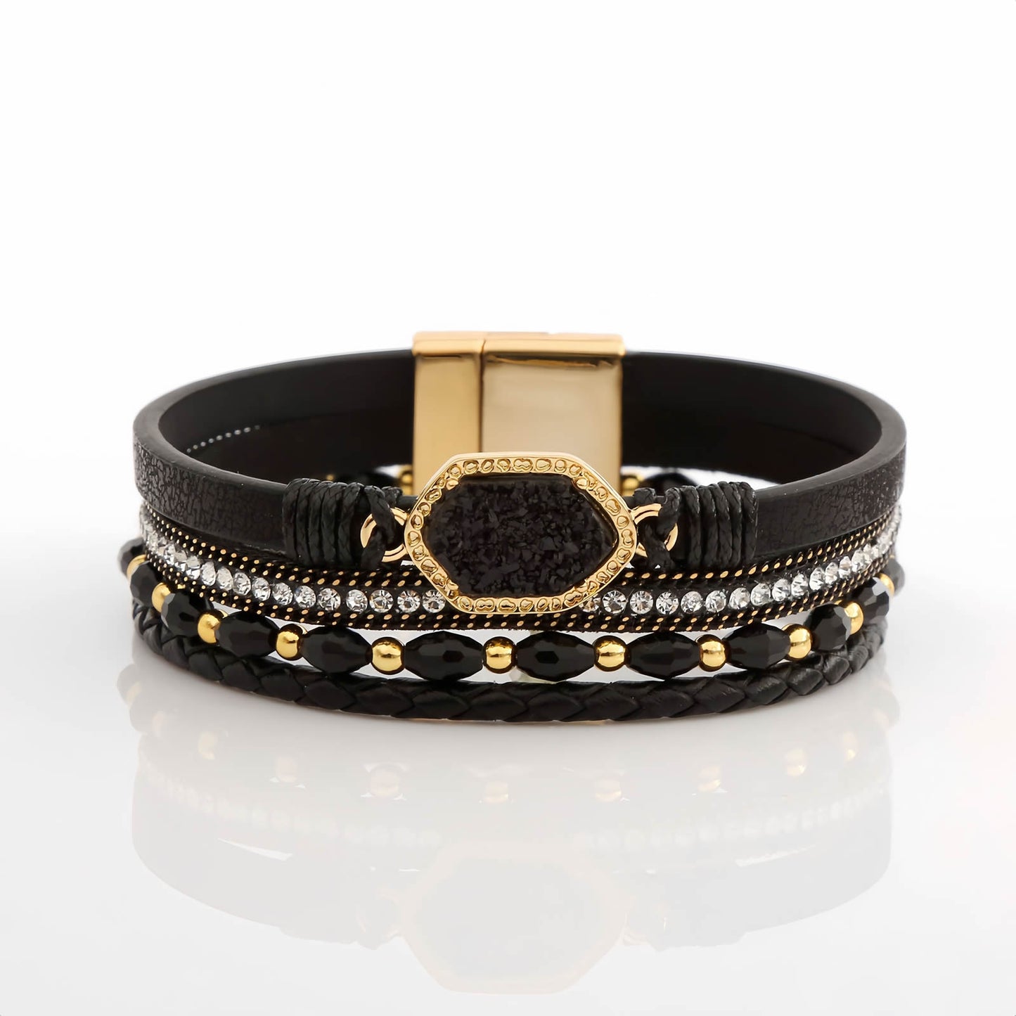 Boho Leather Wrap Bracelet with Crystal Beads & Clasp