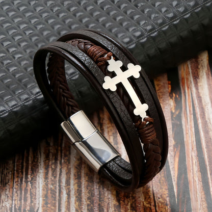 Men's Cross Braided Leather Bracelet