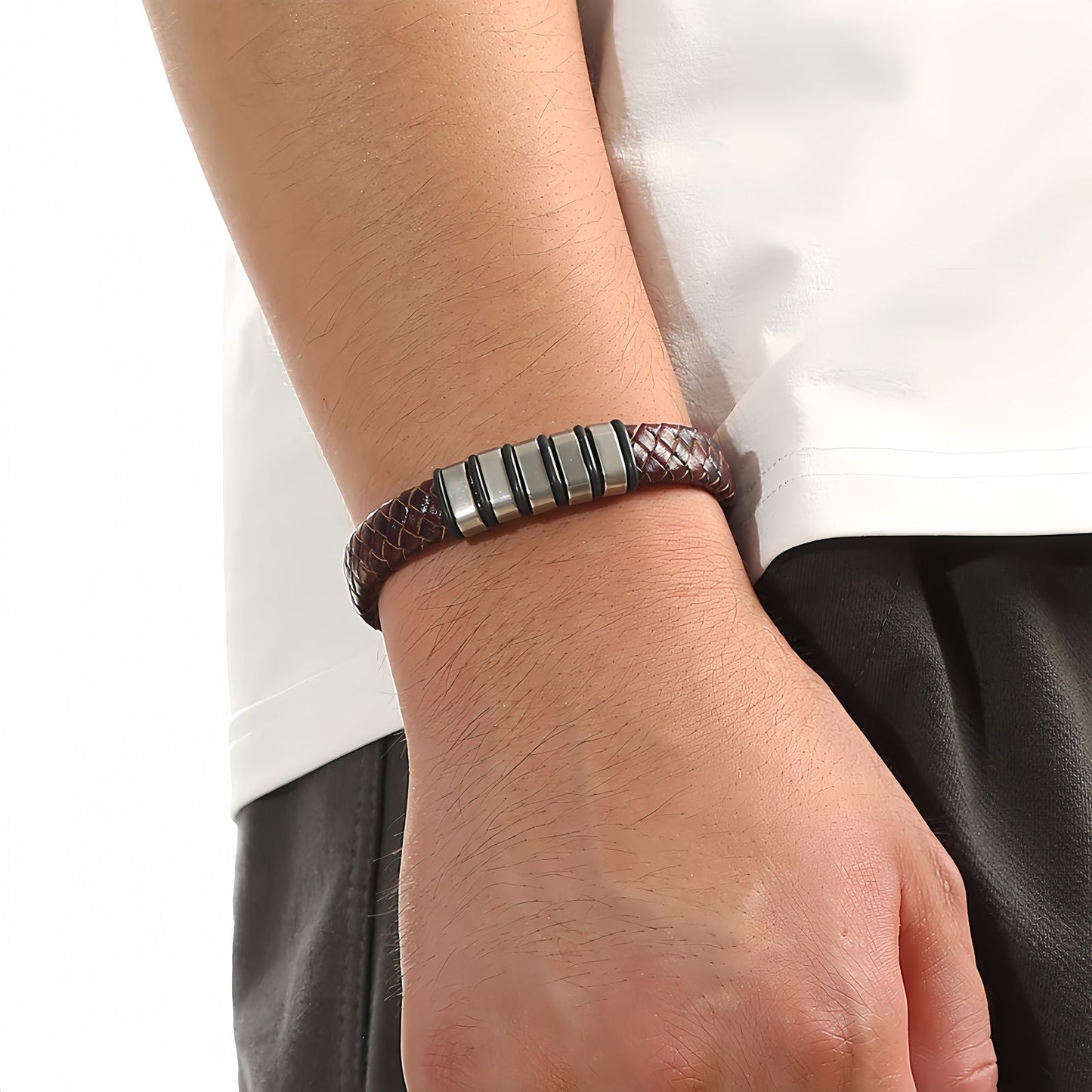 Men’s Braided Leather Bracelet with Layered Steel Bars