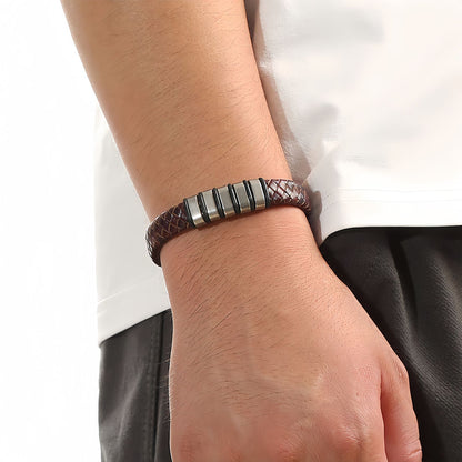 Men’s Braided Leather Bracelet with Layered Steel Bars