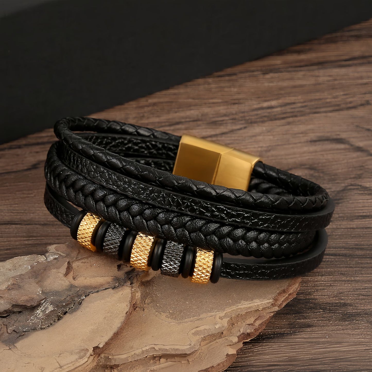 Men’s Geometric Textured Stainless Steel Leather Bracelet